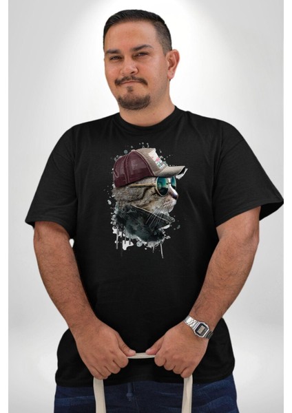 Pilot Çeketli Deri Şapkalı Cool Kedi Siyah Büyük Beden Erkek Kadın Unisex Basic Ön Baskılı Tişört fiyatları