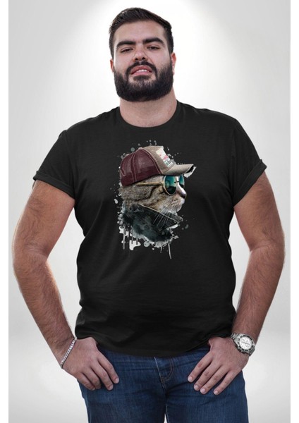 Pilot Çeketli Deri Şapkalı Cool Kedi Siyah Büyük Beden Erkek Kadın Unisex Basic Ön Baskılı Tişört modelleri