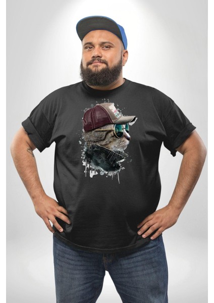 Pilot Çeketli Deri Şapkalı Cool Kedi Siyah Büyük Beden Erkek Kadın Unisex Basic Ön Baskılı Tişört fırsatları