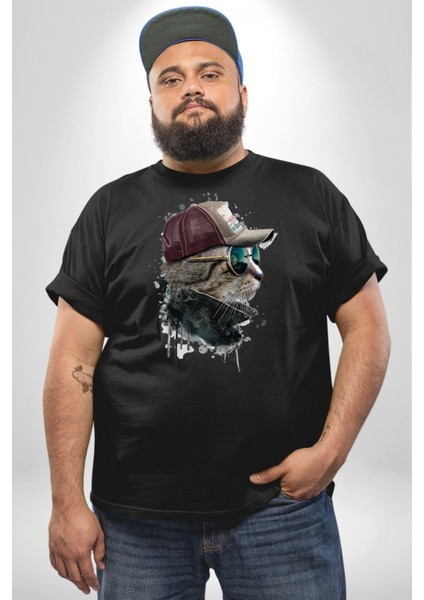 Pilot Çeketli Deri Şapkalı Cool Kedi Siyah Büyük Beden Erkek Kadın Unisex Basic Ön Baskılı Tişört indirimleri