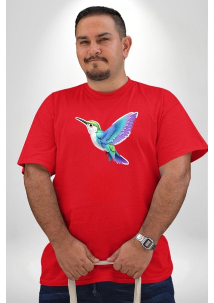 Sinek Kuşu Renkli Kırmızı Büyük Beden Erkek Kadın Unisex Basic Ön Baskılı Tişört