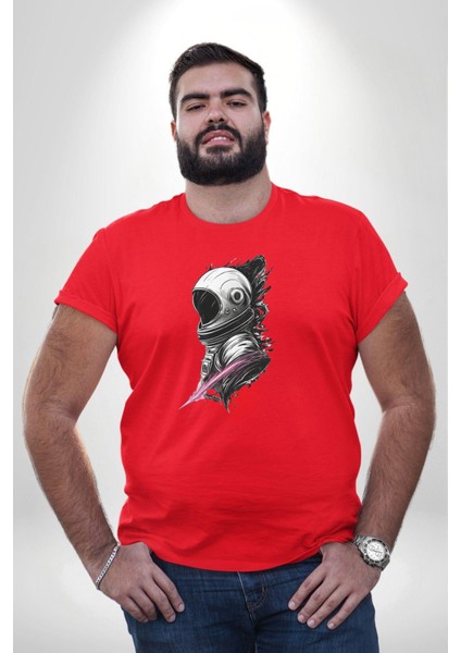 Astronot Kafası Kırmızı Büyük Beden Erkek Kadın Unisex Basic Ön Baskılı Tişört