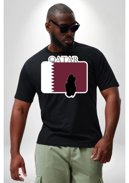 Katar Bayrağı Siyah Büyük Beden Erkek Kadın Unisex Basic Ön Baskılı Tişört