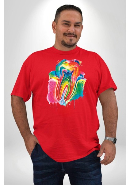 Diş Doktoru Diş Anatomisi Özel Tasarım Kırmızı Büyük Beden Erkek Kadın Unisex Basic Ön Baskılı Tişört