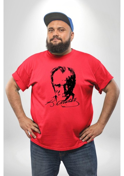 Kemal Atatürk Imza Ve Silüet Kırmızı Büyük Beden Erkek Kadın Unisex Basic Ön Baskılı Tişört