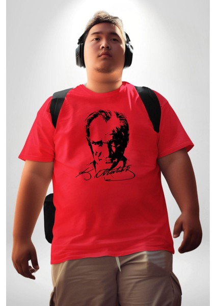 Kemal Atatürk Imza Ve Silüet Kırmızı Büyük Beden Erkek Kadın Unisex Basic Ön Baskılı Tişört fiyatları