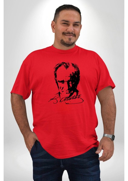 Kemal Atatürk Imza Ve Silüet Kırmızı Büyük Beden Erkek Kadın Unisex Basic Ön Baskılı Tişört modelleri