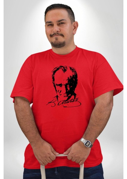 Kemal Atatürk Imza Ve Silüet Kırmızı Büyük Beden Erkek Kadın Unisex Basic Ön Baskılı Tişört fırsatları