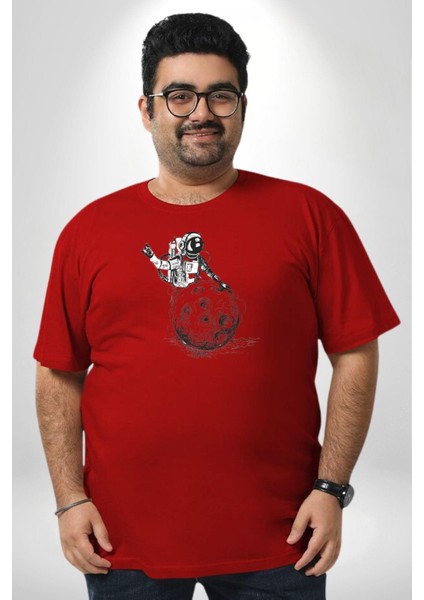 Astronot Gök Taşı Yavarlarken Kırmızı Büyük Beden Erkek Kadın Unisex Basic Ön Baskılı Tişört fırsatları