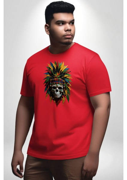 Kurukafa Iskelet Kızılderili Tüy Kartal Şefi Kırmızı Büyük Beden Erkek Kadın Unisex Basic Ön Baskılı Tişört fırsatları