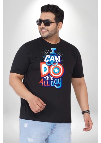 Bunu Bütün Gün Yapabilirim Kaptan America Siyah Büyük Beden Erkek Kadın Unisex Basic Ön Baskılı Tişört