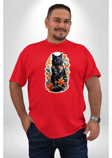 Çiçekli Kırmızı Kedi Etiket Kırmızı Büyük Beden Erkek Kadın Unisex Basic Ön Baskılı Tişört