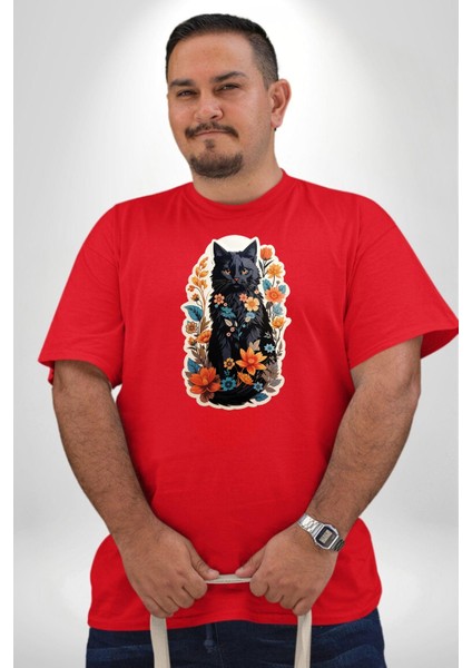 Çiçekli Kırmızı Kedi Etiket Kırmızı Büyük Beden Erkek Kadın Unisex Basic Ön Baskılı Tişört