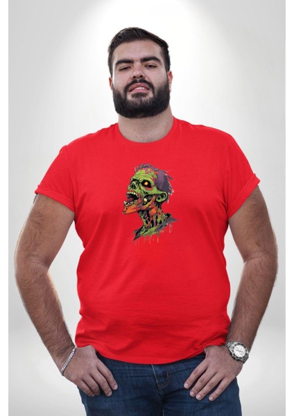 Zombi Kafası Kırmızı Büyük Beden Erkek Kadın Unisex Basic Ön Baskılı Tişört fiyatları