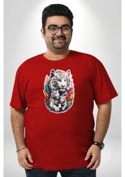 Beyaz Kaplan Ailesi Renkli Tüyler Kırmızı Büyük Beden Erkek Kadın Unisex Basic Ön Baskılı Tişört fiyatları