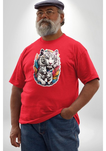 Beyaz Kaplan Ailesi Renkli Tüyler Kırmızı Büyük Beden Erkek Kadın Unisex Basic Ön Baskılı Tişört modelleri