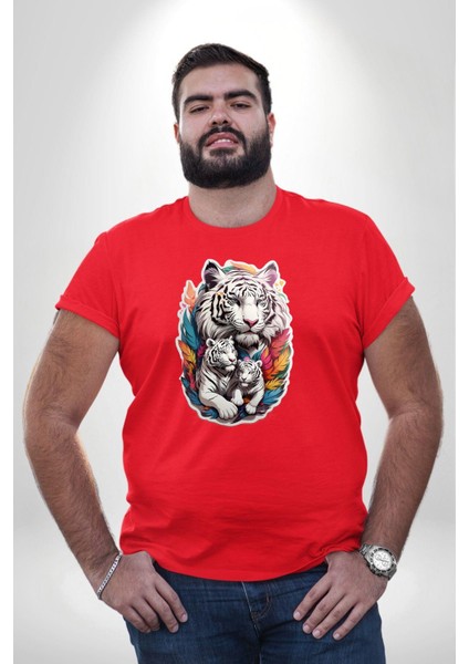 Beyaz Kaplan Ailesi Renkli Tüyler Kırmızı Büyük Beden Erkek Kadın Unisex Basic Ön Baskılı Tişört fırsatları