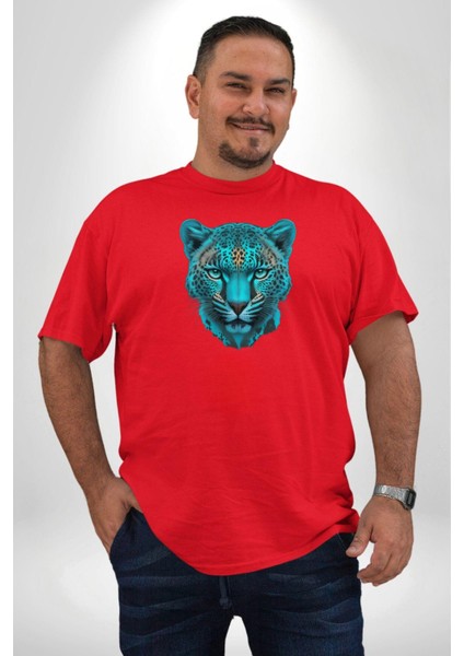 Yeşil Leopar Kafası Kırmızı Büyük Beden Erkek Kadın Unisex Basic Ön Baskılı Tişört