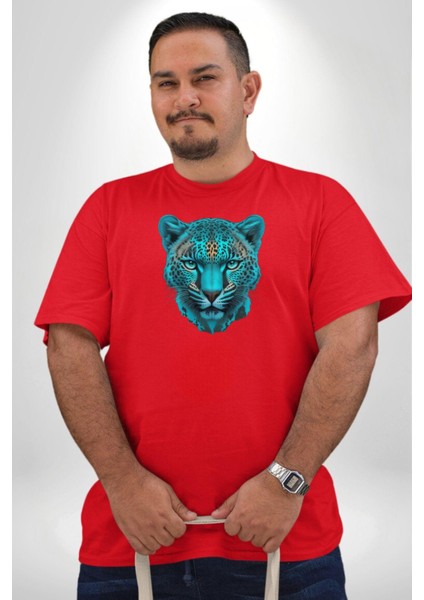 Yeşil Leopar Kafası Kırmızı Büyük Beden Erkek Kadın Unisex Basic Ön Baskılı Tişört fiyatları