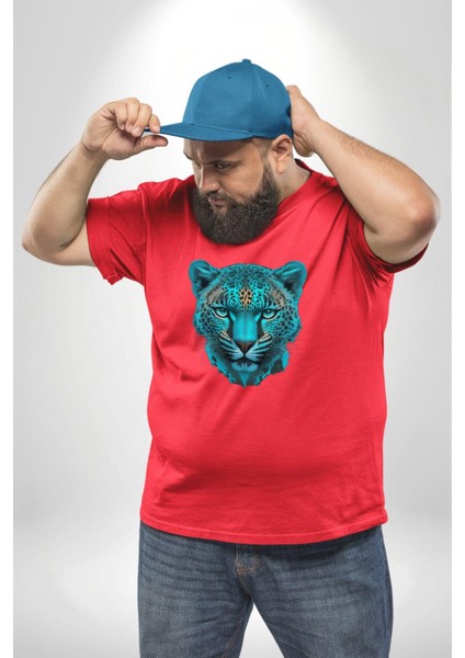 Yeşil Leopar Kafası Kırmızı Büyük Beden Erkek Kadın Unisex Basic Ön Baskılı Tişört modelleri
