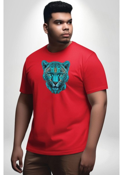 Yeşil Leopar Kafası Kırmızı Büyük Beden Erkek Kadın Unisex Basic Ön Baskılı Tişört fırsatları