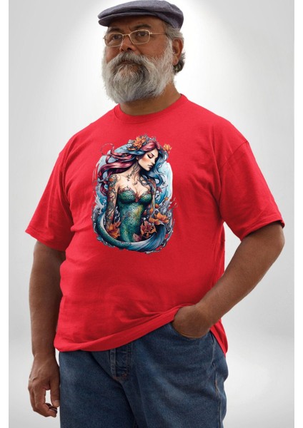 Deniz Kızı Çiçek Kırmızı Büyük Beden Erkek Kadın Unisex Basic Ön Baskılı Tişört