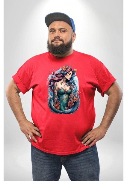 Deniz Kızı Çiçek Kırmızı Büyük Beden Erkek Kadın Unisex Basic Ön Baskılı Tişört modelleri