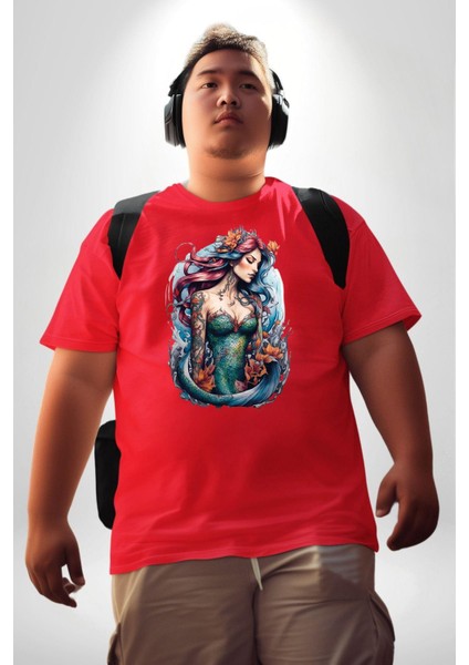 Deniz Kızı Çiçek Kırmızı Büyük Beden Erkek Kadın Unisex Basic Ön Baskılı Tişört fırsatları