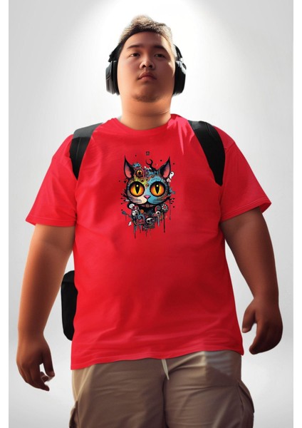 Meksikalı Alebrije Kedi Fütüristik Kedi Kırmızı Büyük Beden Erkek Kadın Unisex Basic Ön Baskılı Tişört
