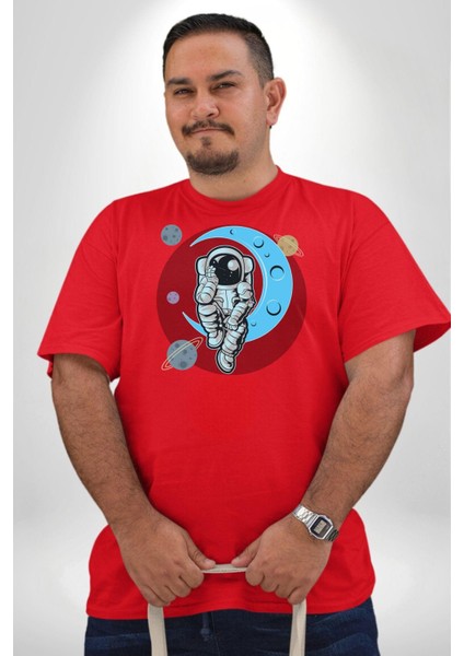 Astronot Uzayda Sıkılmış Kırmızı Büyük Beden Erkek Kadın Unisex Basic Ön Baskılı Tişört