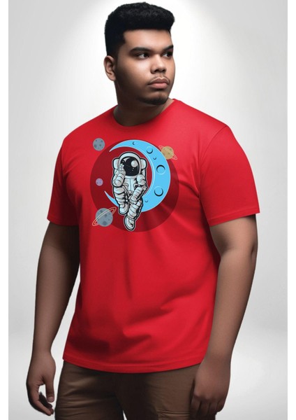 Astronot Uzayda Sıkılmış Kırmızı Büyük Beden Erkek Kadın Unisex Basic Ön Baskılı Tişört modelleri