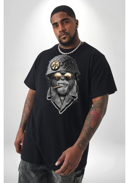 Asker Goril Komutan Siyah Büyük Beden Erkek Kadın Unisex Basic Ön Baskılı Tişört fırsatları