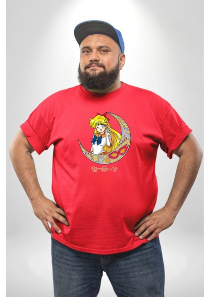 Sailor Moon Ay Savaşcısı Anime Kırmızı Büyük Beden Erkek Kadın Unisex Basic Ön Baskılı Tişört