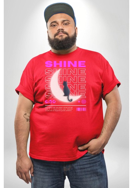 Parlayan Kırmızı Kedi Kırmızı Büyük Beden Erkek Kadın Unisex Basic Ön Baskılı Tişört