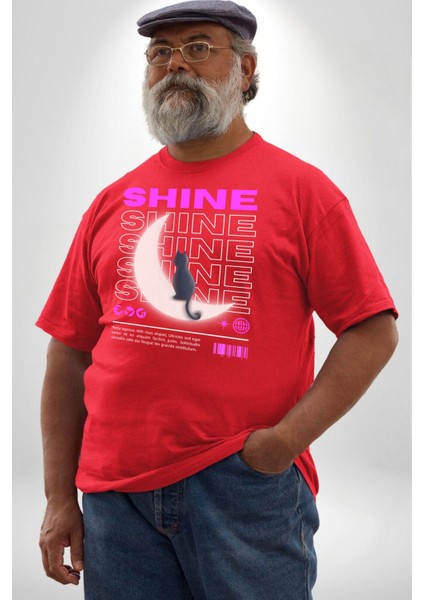 Parlayan Kırmızı Kedi Kırmızı Büyük Beden Erkek Kadın Unisex Basic Ön Baskılı Tişört modelleri