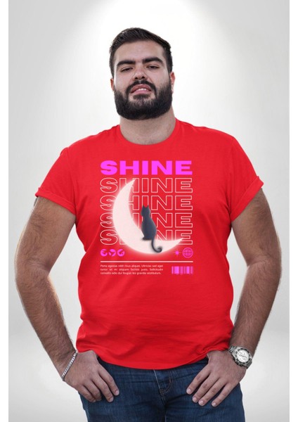 Parlayan Kırmızı Kedi Kırmızı Büyük Beden Erkek Kadın Unisex Basic Ön Baskılı Tişört fırsatları
