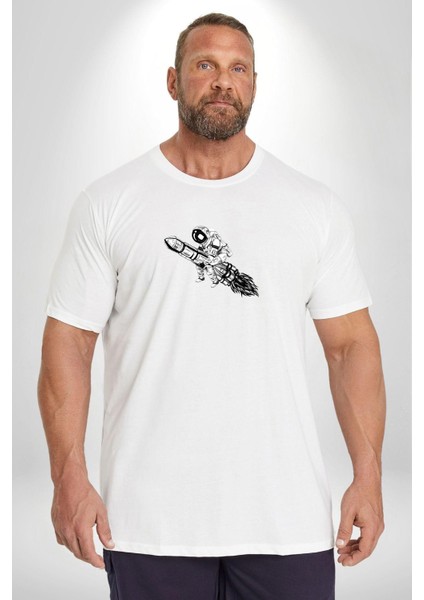 Roket Astronot Beyaz Büyük Beden Kadın Erkek Ünisex Basic Ön Baskılı Tişört