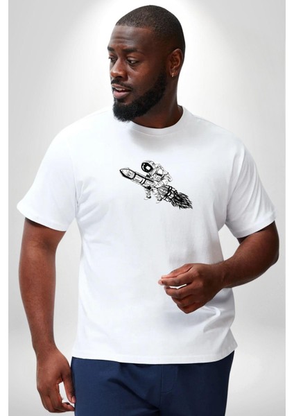 Roket Astronot Beyaz Büyük Beden Kadın Erkek Ünisex Basic Ön Baskılı Tişört fiyatları