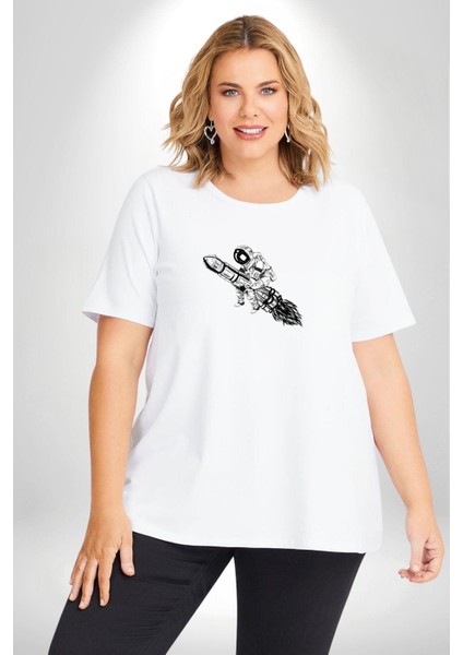 Roket Astronot Beyaz Büyük Beden Kadın Erkek Ünisex Basic Ön Baskılı Tişört modelleri