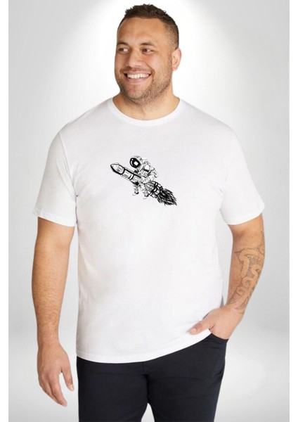 Roket Astronot Beyaz Büyük Beden Kadın Erkek Ünisex Basic Ön Baskılı Tişört fırsatları