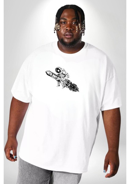 Roket Astronot Beyaz Büyük Beden Kadın Erkek Ünisex Basic Ön Baskılı Tişört indirimleri