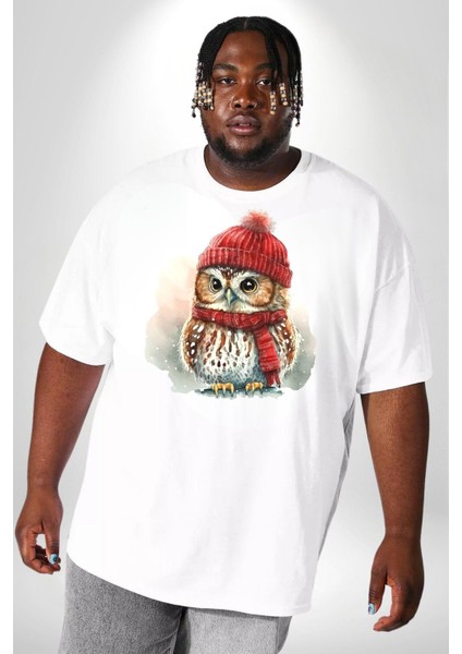 Kış Beyaz Atkı Bere Baykuş Beyaz Büyük Beden Kadın Erkek Ünisex Basic Ön Baskılı Tişört