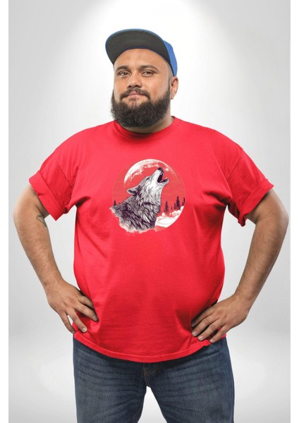 Uluyan Beyaz Kurt Kırmızı Büyük Beden Erkek Kadın Unisex Basic Ön Baskılı Tişört