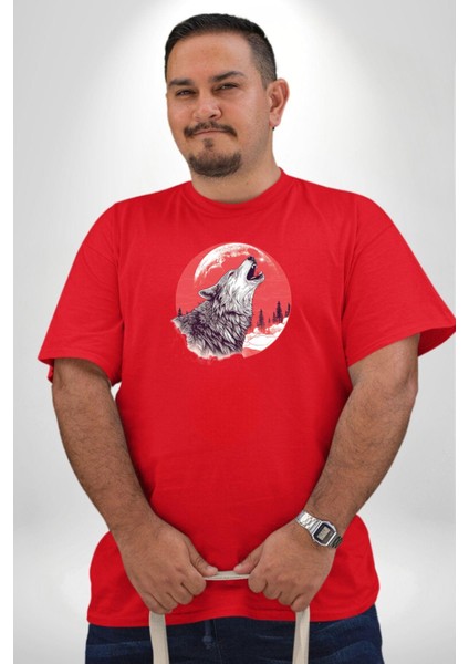 Uluyan Beyaz Kurt Kırmızı Büyük Beden Erkek Kadın Unisex Basic Ön Baskılı Tişört fırsatları