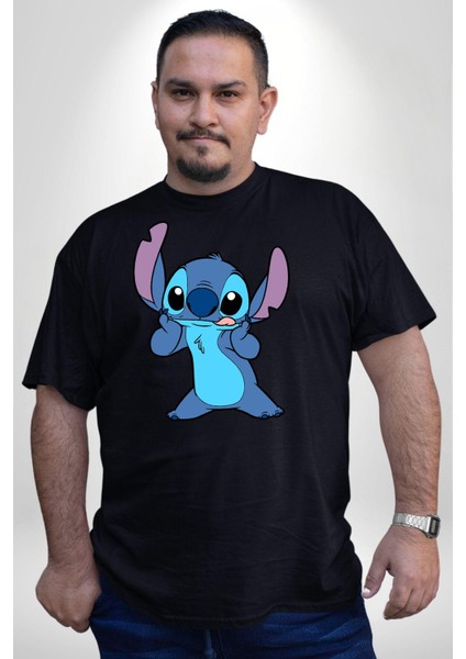 Lilo And Stitch Çizgi Film Animasyon Siyah Büyük Beden Erkek Kadın Unisex Basic Ön Baskılı Tişört