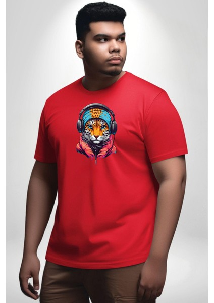 Kulaklık Kedi Leopar Bandana Kırmızı Büyük Beden Erkek Kadın Unisex Basic Ön Baskılı Tişört fiyatları