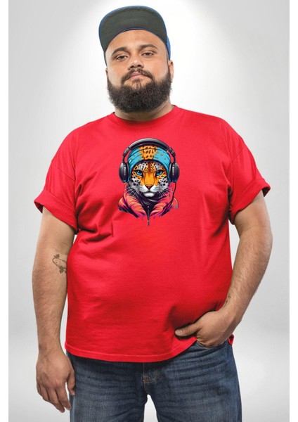 Kulaklık Kedi Leopar Bandana Kırmızı Büyük Beden Erkek Kadın Unisex Basic Ön Baskılı Tişört modelleri