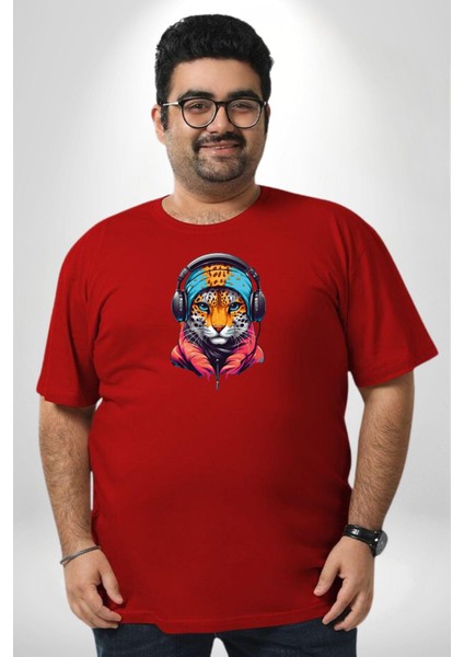 Kulaklık Kedi Leopar Bandana Kırmızı Büyük Beden Erkek Kadın Unisex Basic Ön Baskılı Tişört fırsatları
