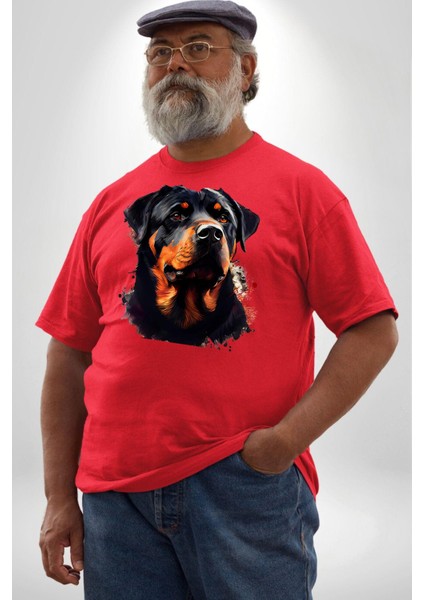 Sulu Boya Rottweiler Kırmızı Büyük Beden Erkek Kadın Unisex Basic Ön Baskılı Tişört fiyatları