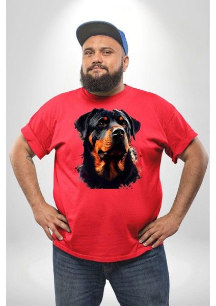 Sulu Boya Rottweiler Kırmızı Büyük Beden Erkek Kadın Unisex Basic Ön Baskılı Tişört fırsatları